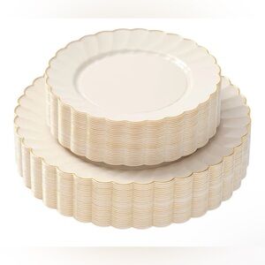 By Madee PREMIUM 100 Pc Ivory Scalloped Plastic Plates for Party with Gold Trim